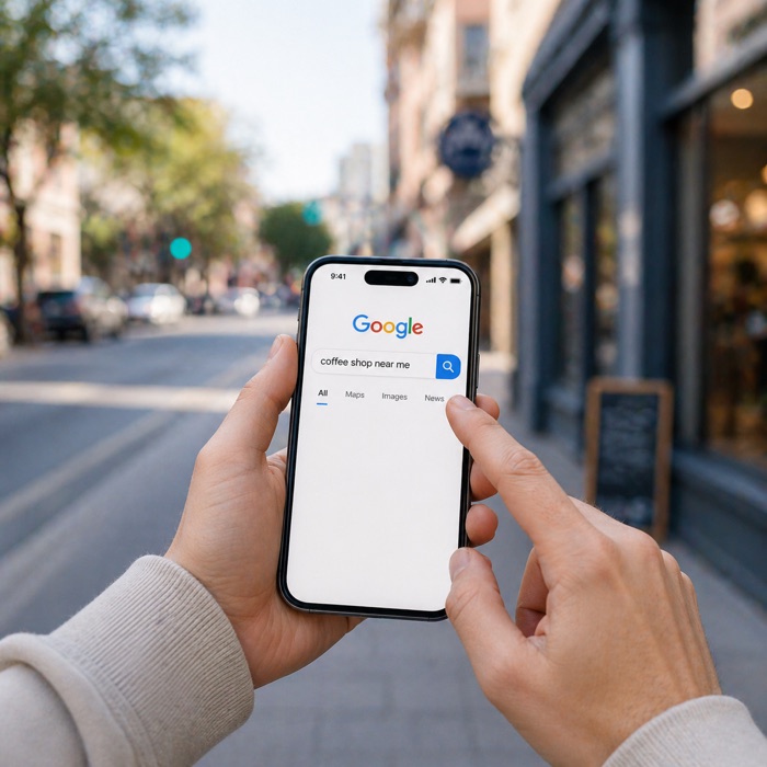 Person searching on Google on a smartphone while standing on a street
